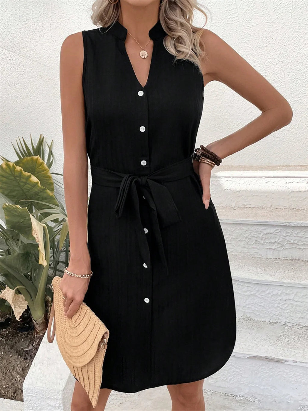 Tied Buttoned up Notched Sleeveless Dress